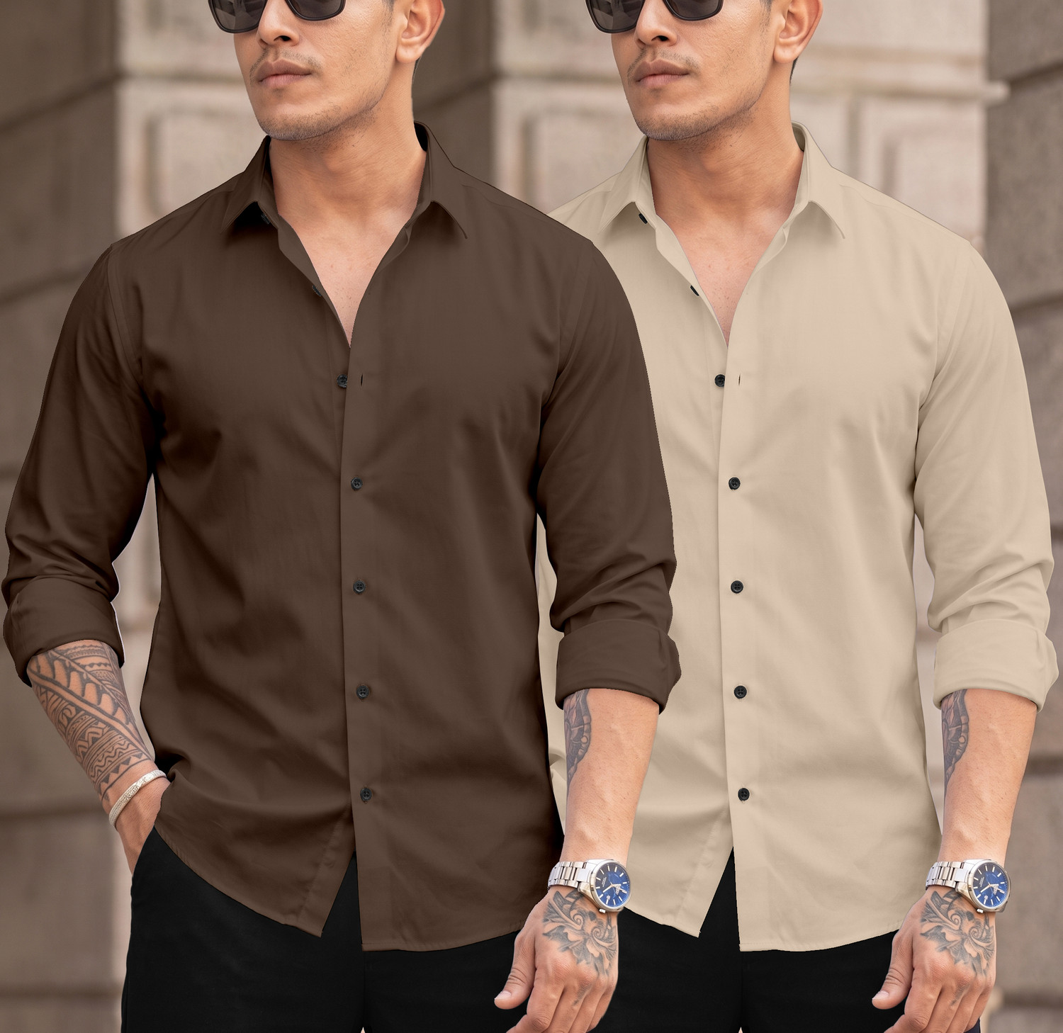 Image of DARKMODE Men Solid Casual Cream, Brown Shirt