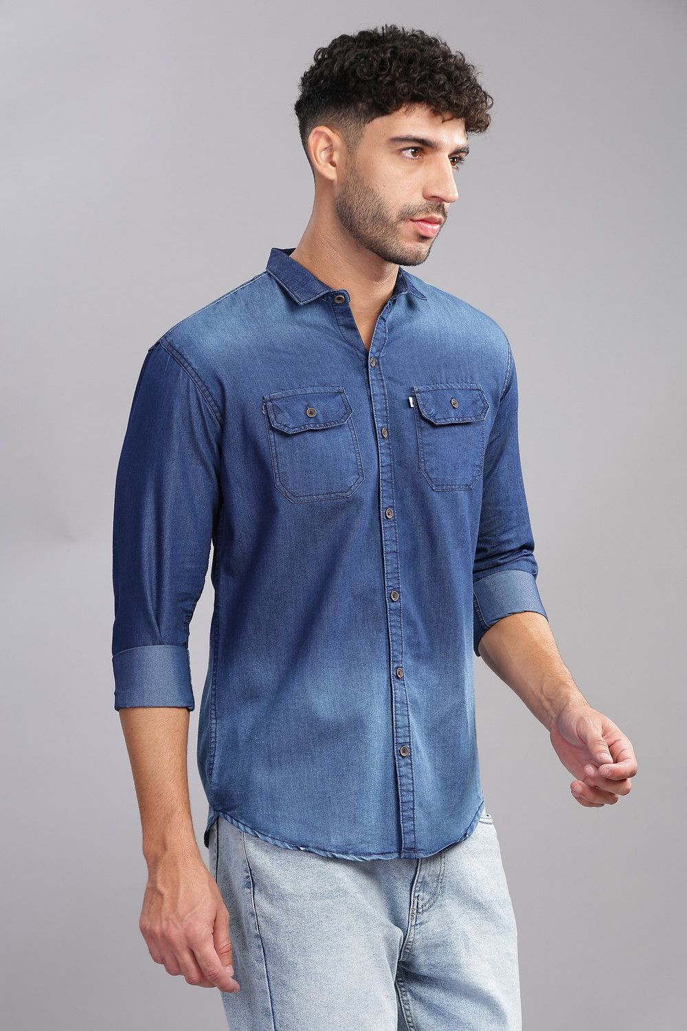 Image of AIDAN PAUL Men Washed Casual Dark Blue Shirt