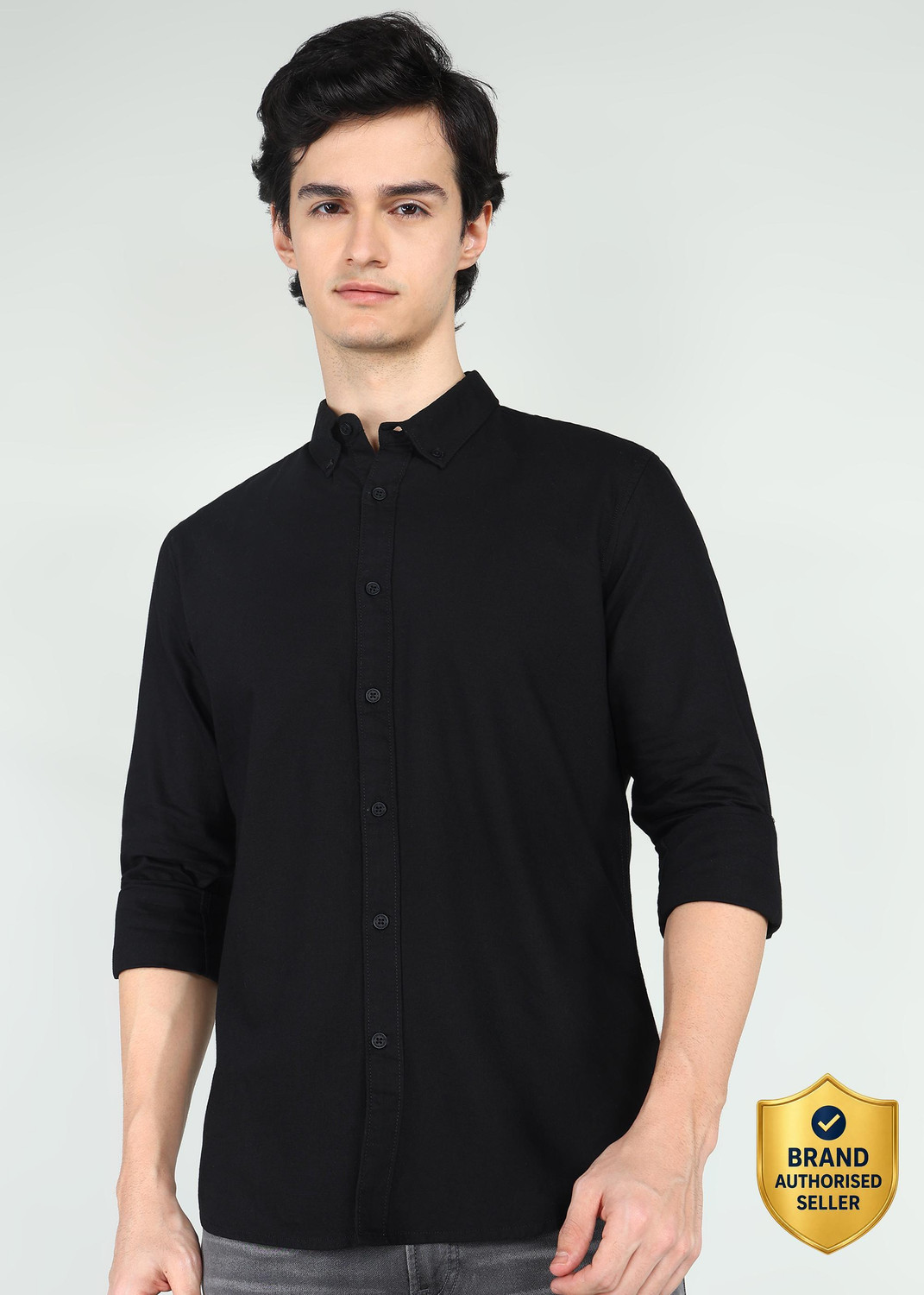 Image of BEING HUMAN Men Solid Casual Black Shirt