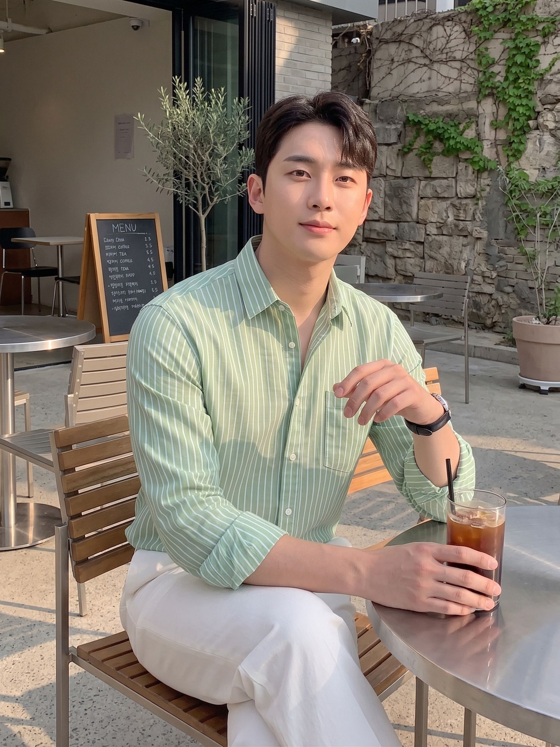 Image of indossare Men Striped Casual Light Green Shirt