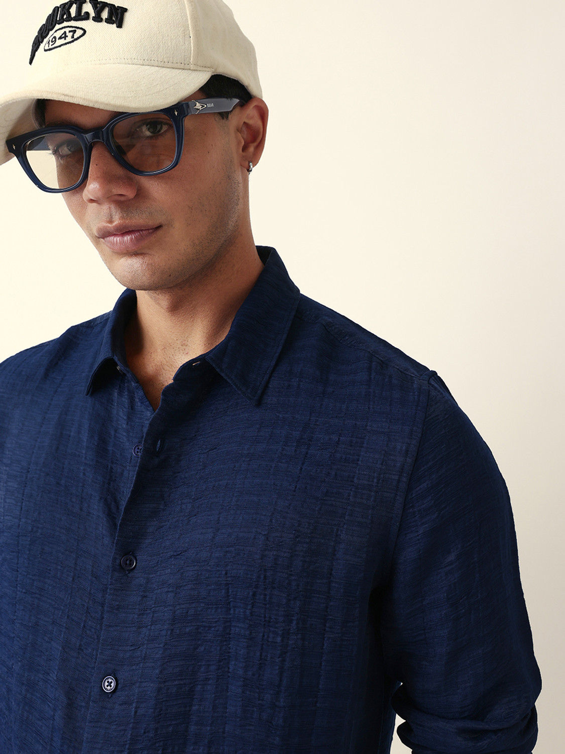 Image of THE BEAR HOUSE Men Self Design Casual Blue Shirt