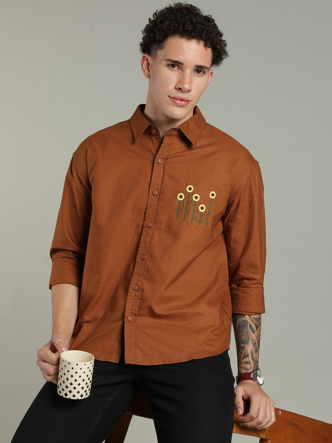 Image of FOUL CHILD Men Embroidered Casual Brown Shirt