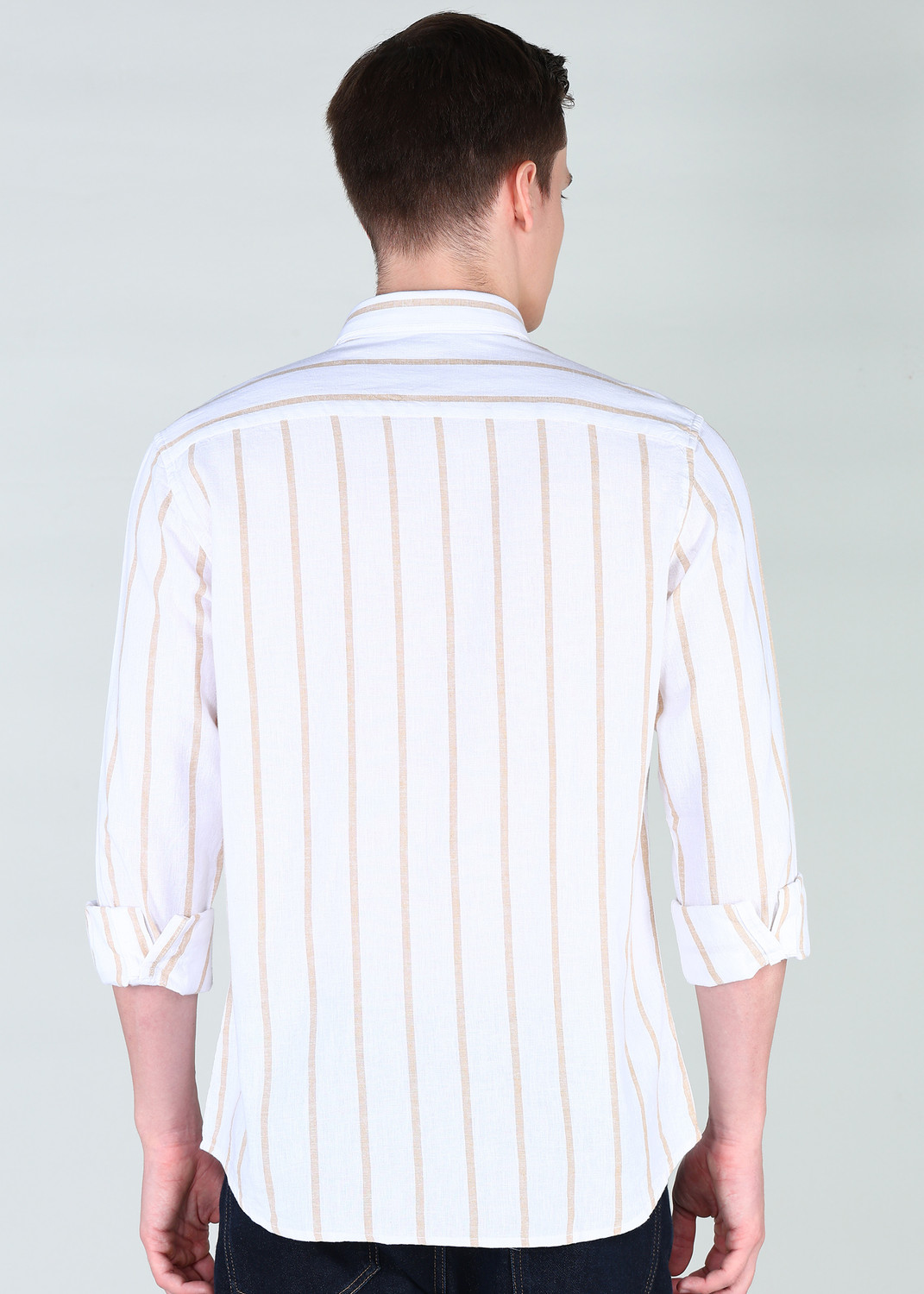 Image of INDIAN TERRAIN Men Striped Casual Beige Shirt
