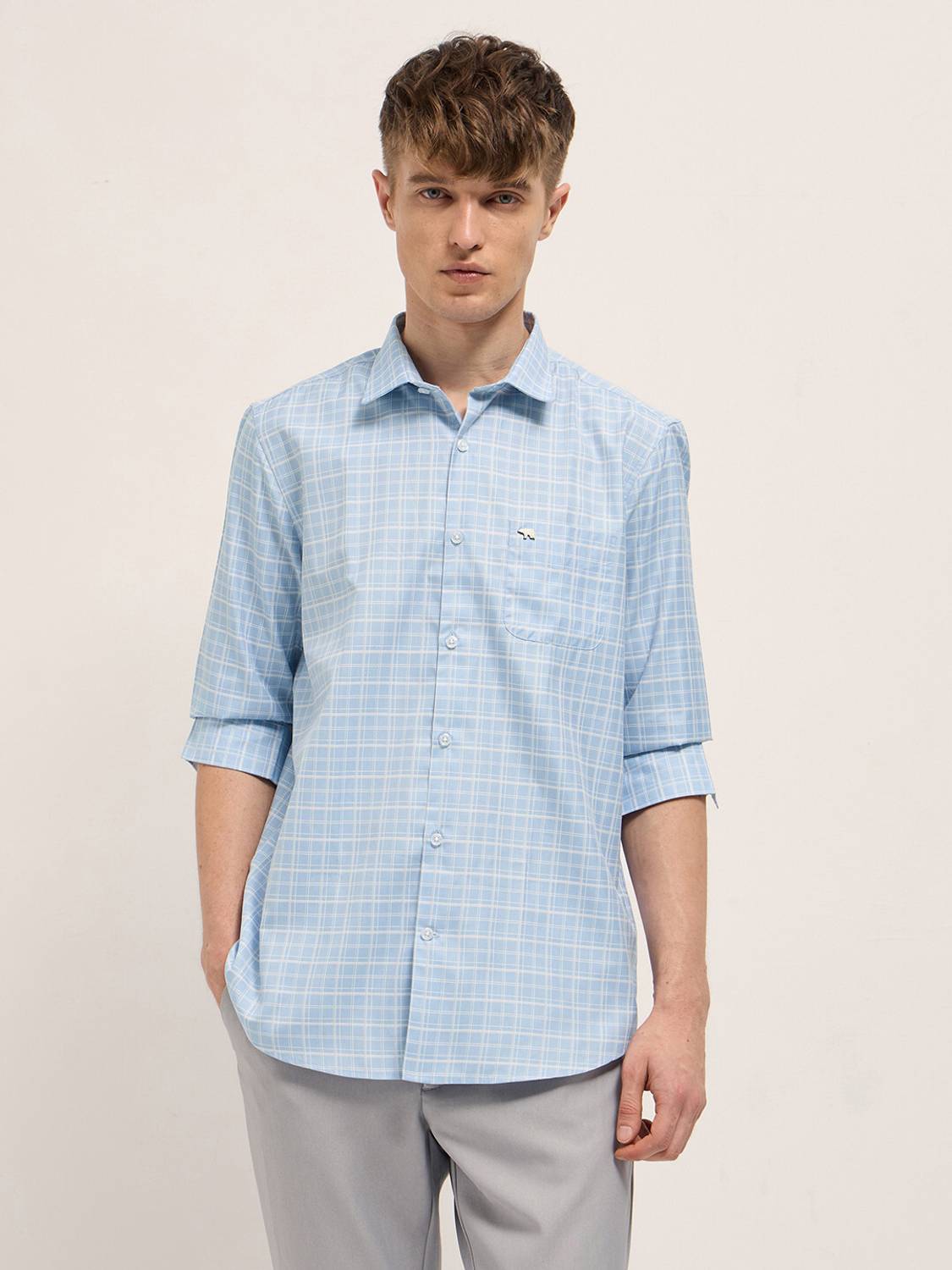 THE BEAR HOUSE Men Checkered Formal Blue Shirt