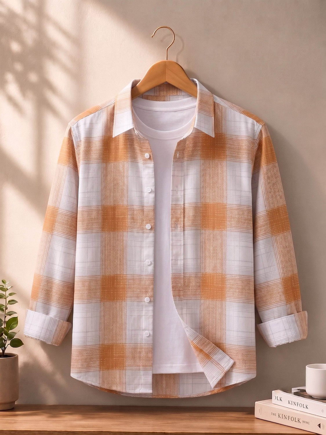 Image of ZONANZA Men Checkered Casual White, Brown Shirt