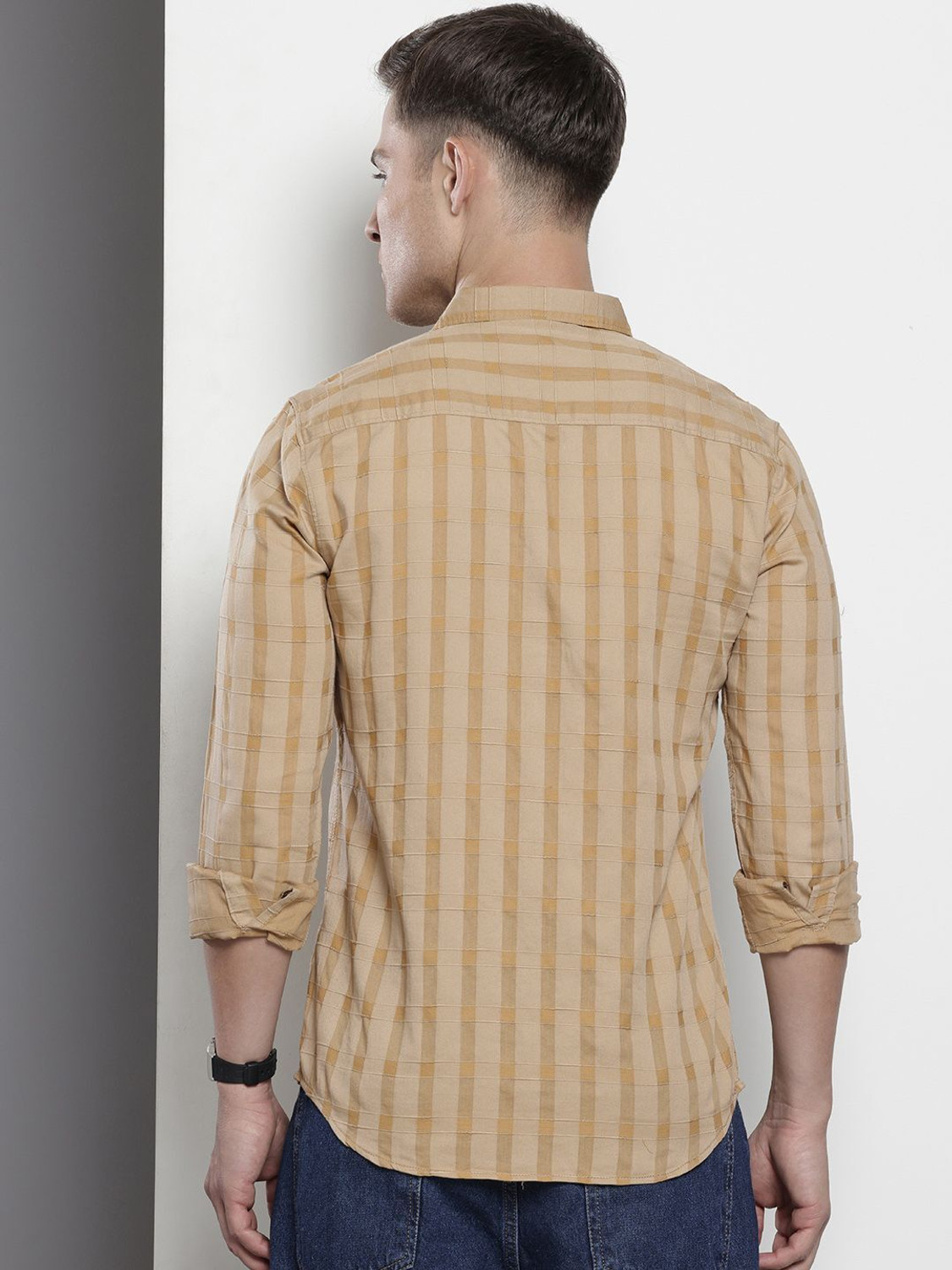 Image of The Indian Garage Co. Men Checkered Casual Khaki Shirt