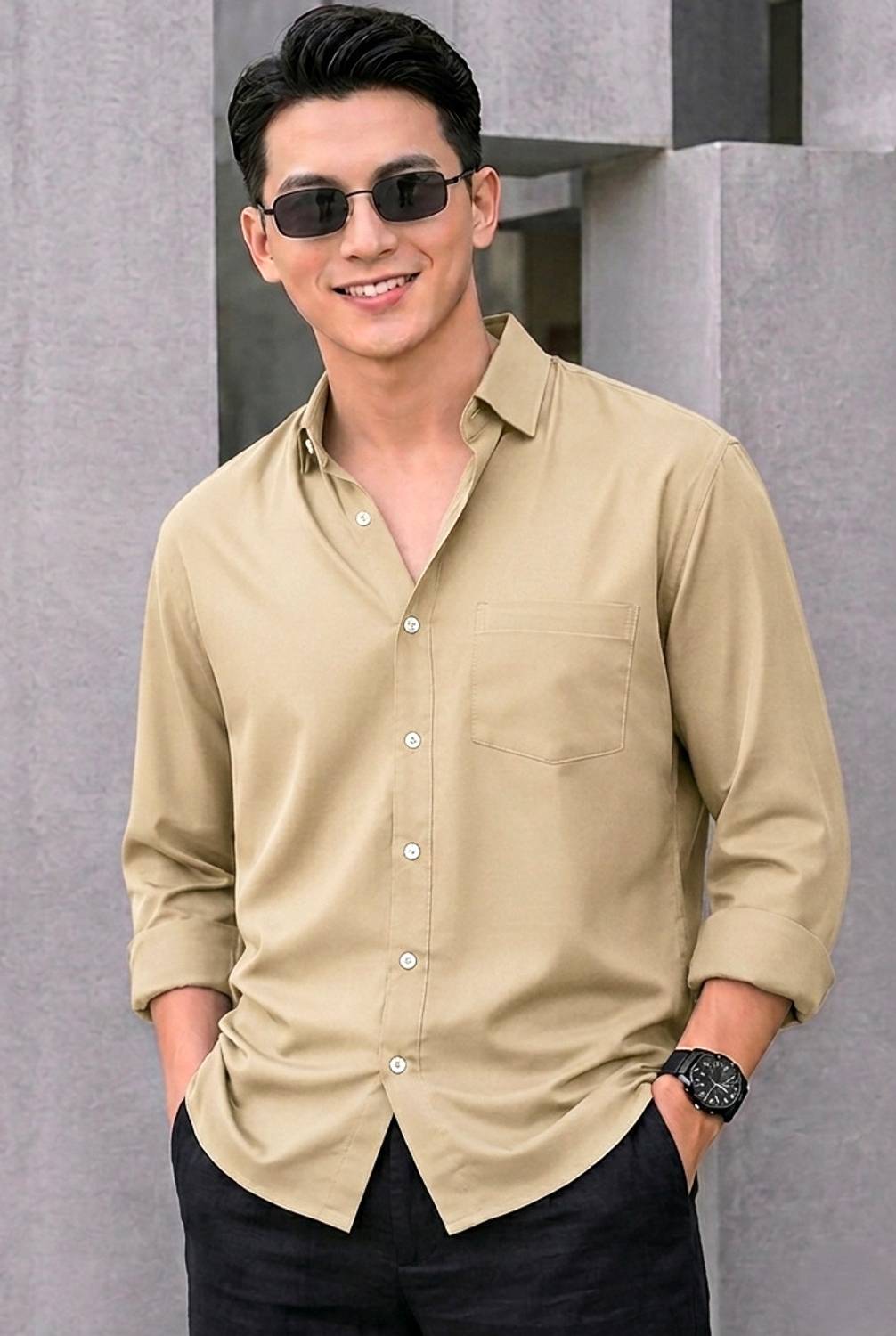 MILDIN Men Solid Formal Cream Shirt - Image 1