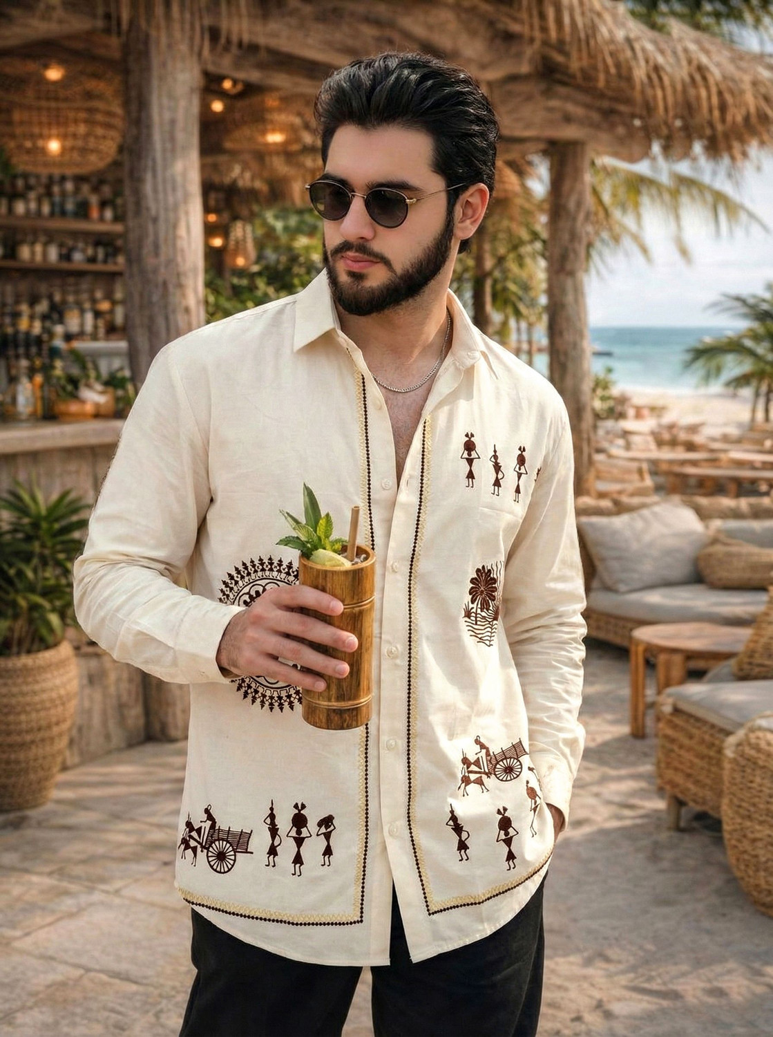 Image of Shree Sai Balaji Men Printed, Ethnic Motifs Casual Cream Shirt