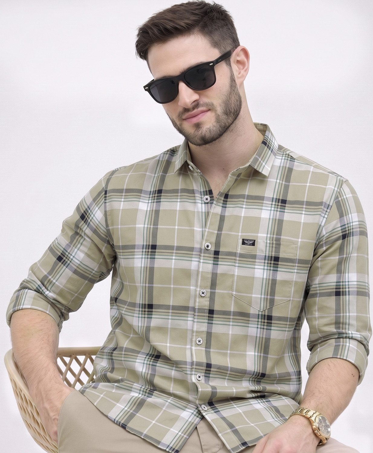 Image of METRONAUT Men Checkered Casual Beige, Multicolor Shirt