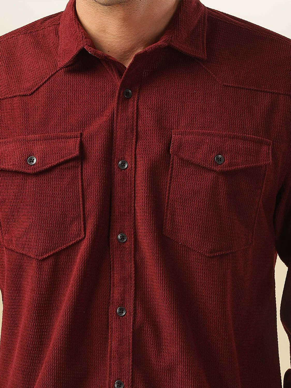 Image of HERE&NOW Men Solid Casual Maroon Shirt