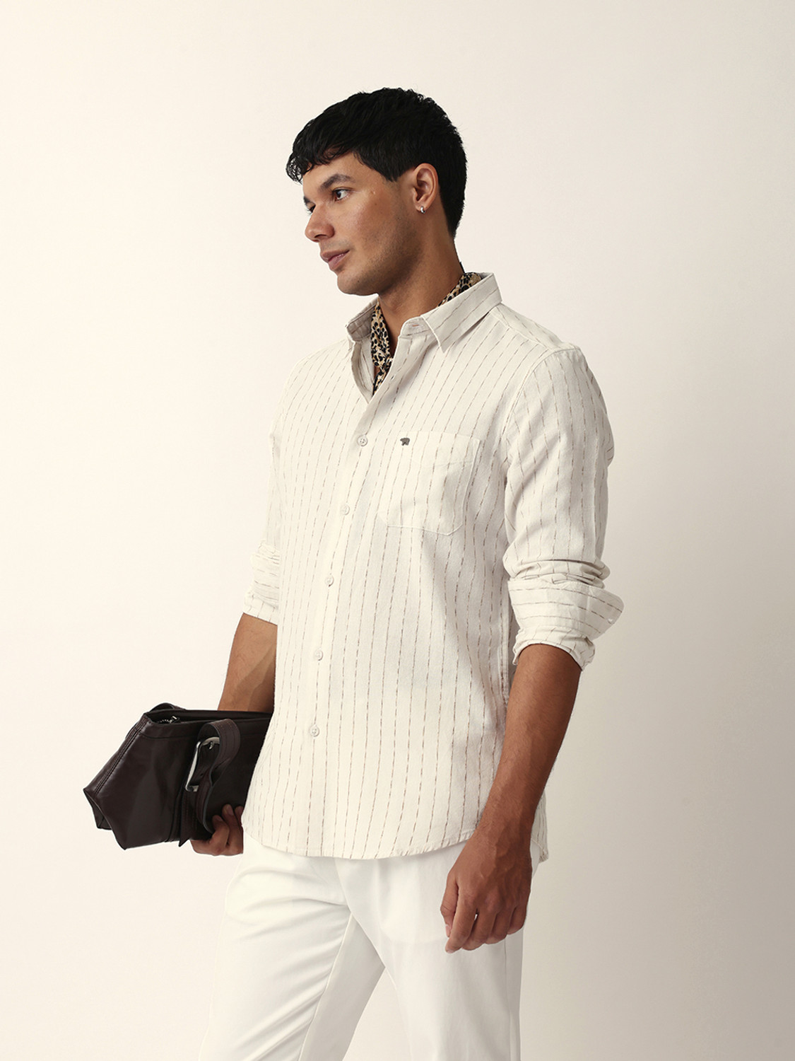 Image of THE BEAR HOUSE Men Striped Casual Cream Shirt