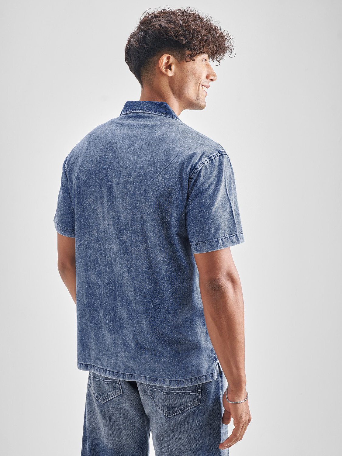 Image of LOCOMOTIVE Men Self Design Casual Blue Shirt