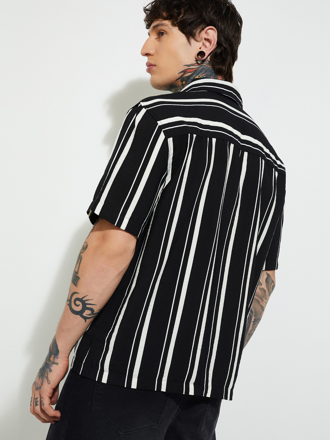 Image of MAX Men Striped Casual Black Shirt