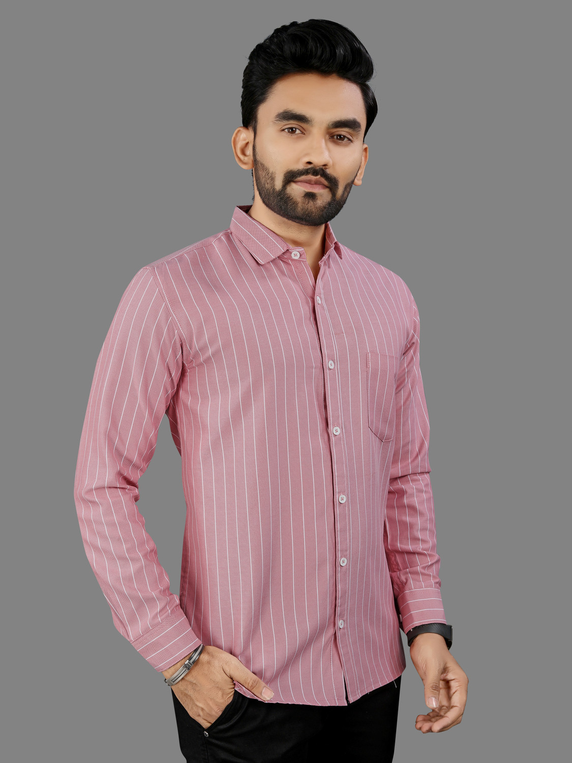 Image of MILDIN Men Striped Formal Pink Shirt