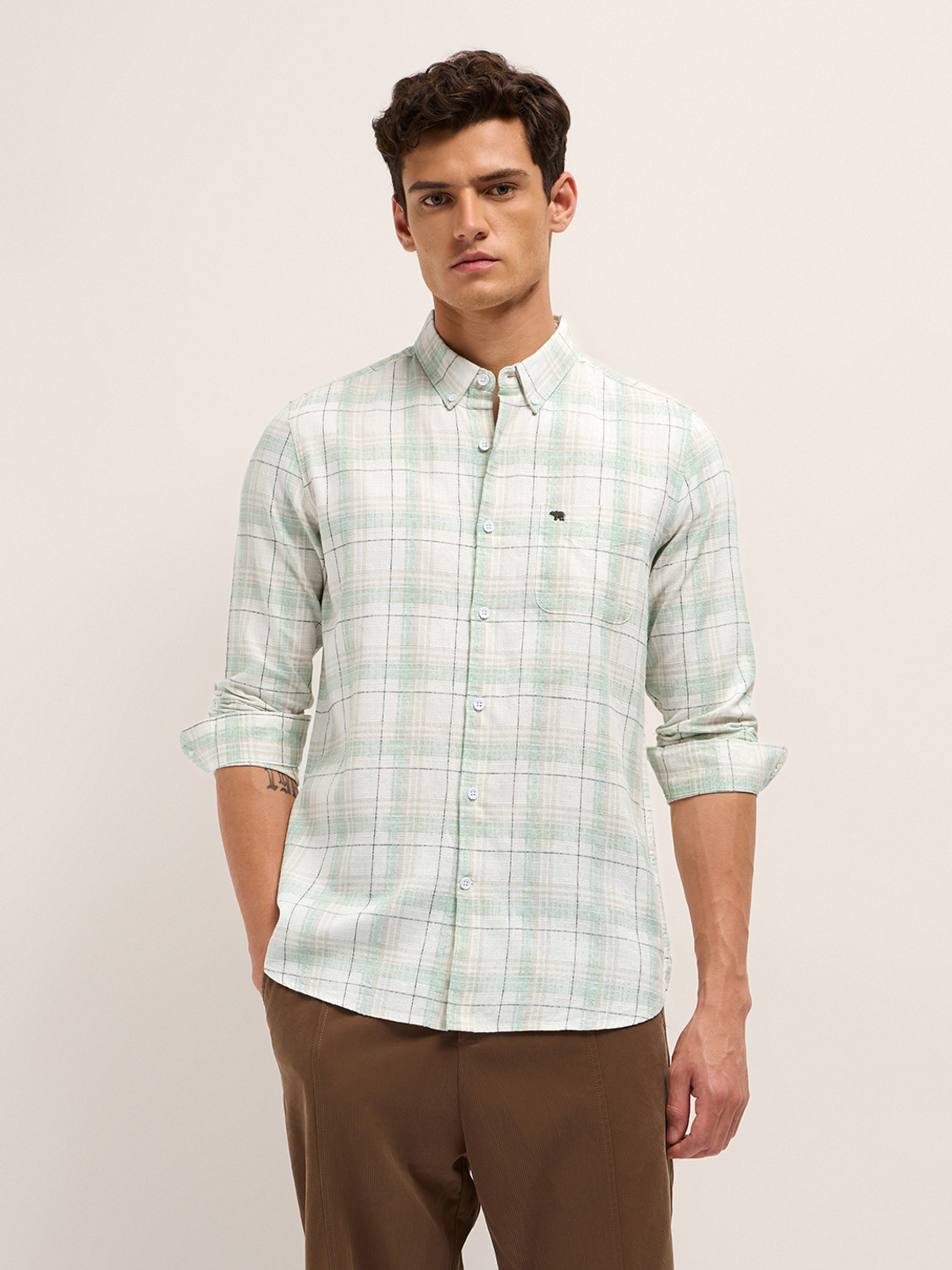 Image of THE BEAR HOUSE Men Checkered Casual Cream Shirt