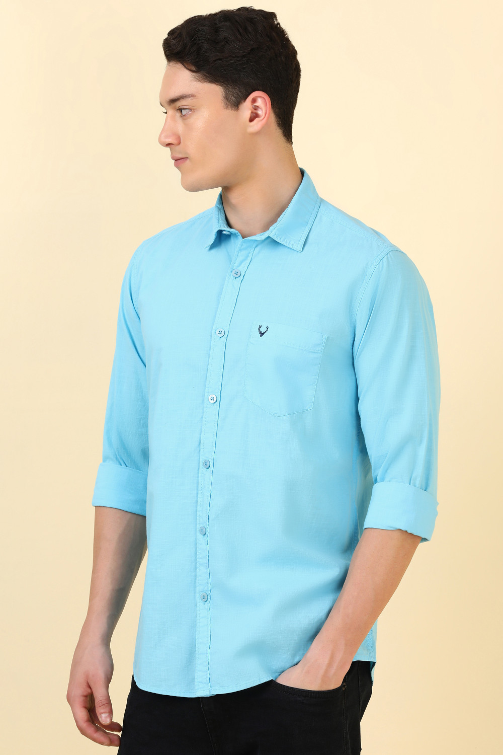 Image of Allen Solly Men Solid Casual Blue Shirt