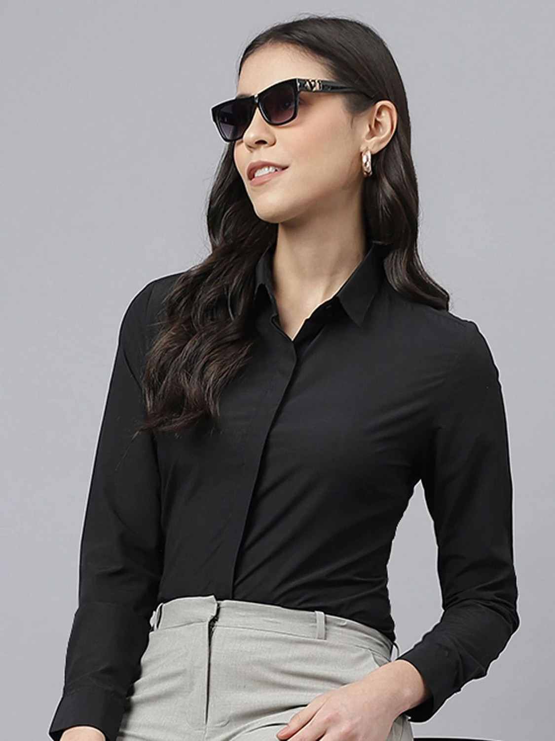 Image of English Navy Women Solid Formal Black Shirt