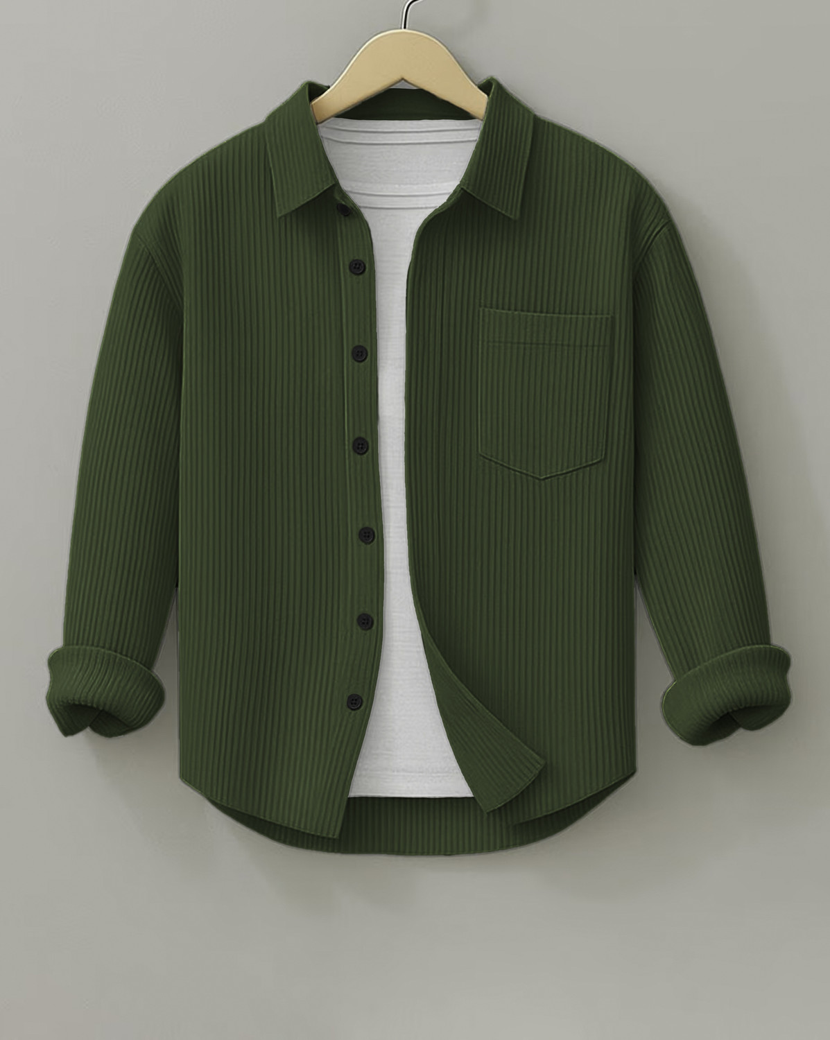 Image of HOODLER Men Self Design Casual Dark Green Shirt
