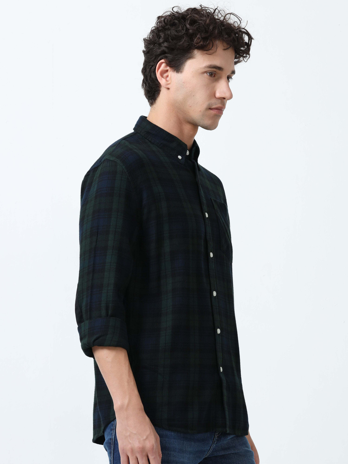 Image of ESPANSHE Men Checkered Casual Dark Green Shirt