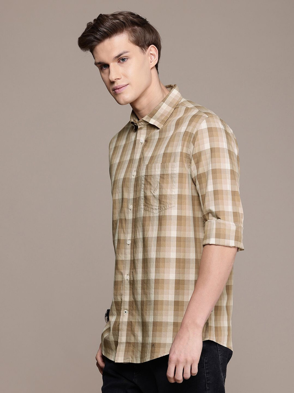 Image of NAUTICA Men Checkered Casual Brown Shirt