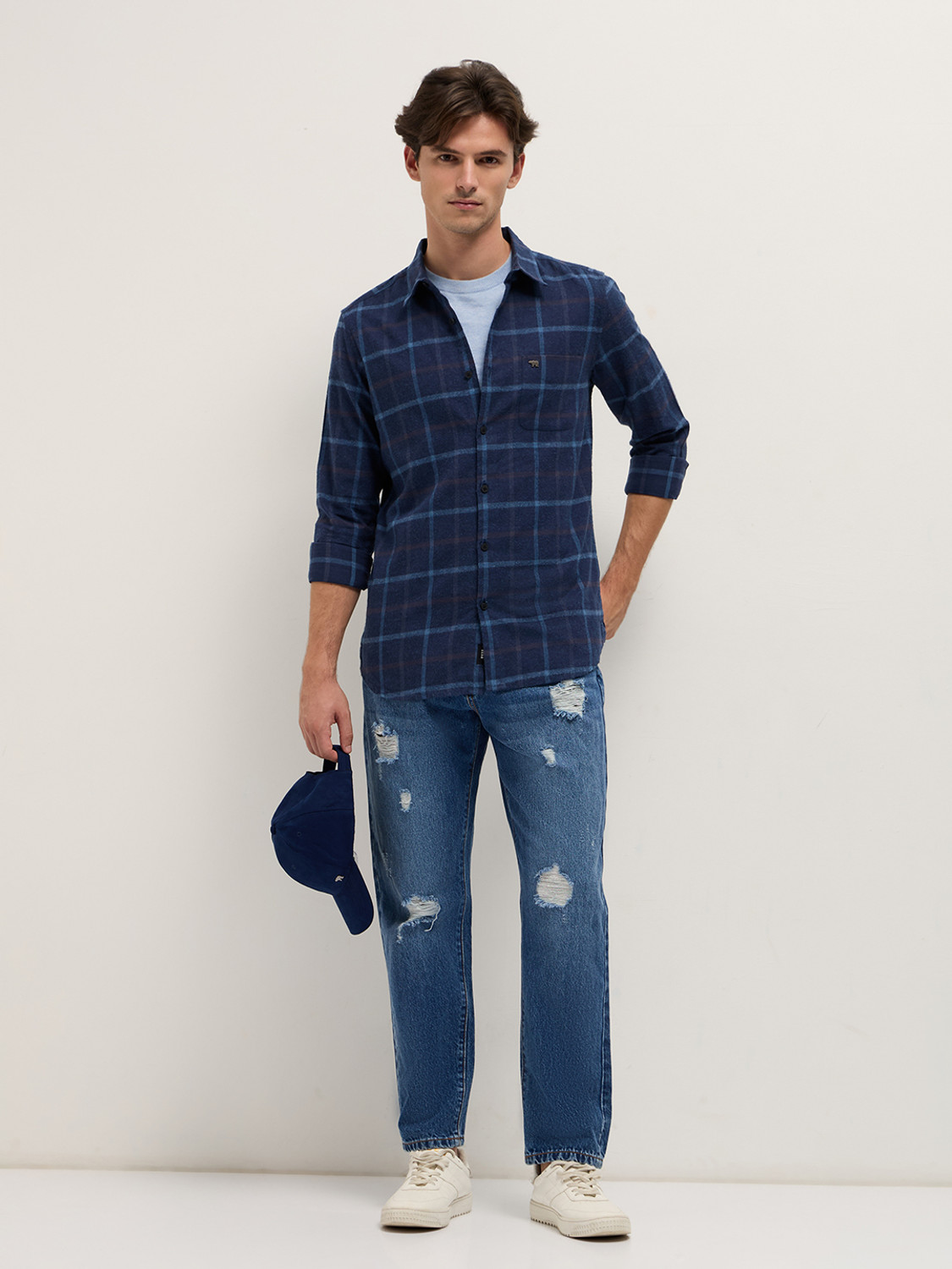 Image of THE BEAR HOUSE Men Checkered Casual Blue Shirt