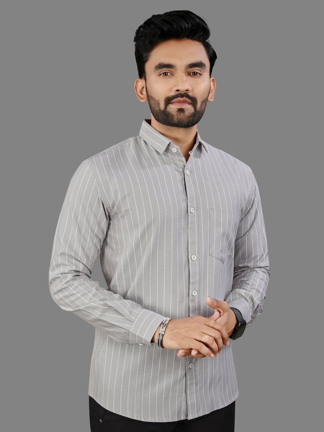 Image of MILDIN Men Striped Casual Grey Shirt