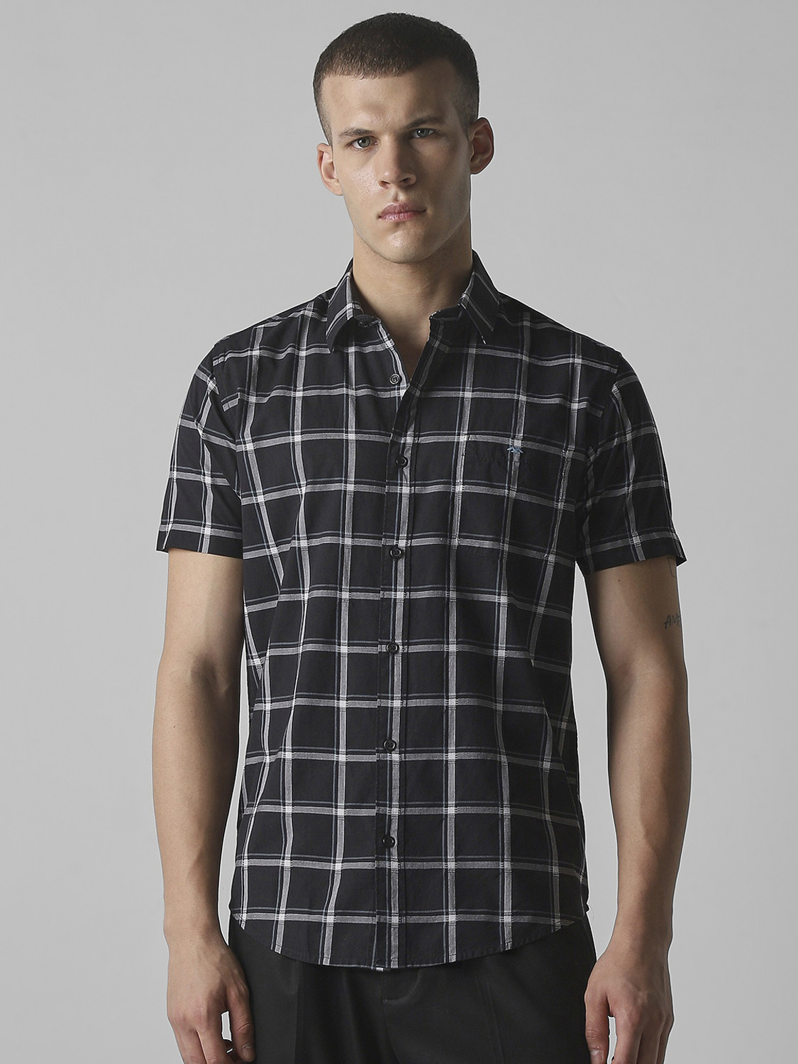 Image of MUFTI Men Checkered Casual Black, White, Light Blue Shirt