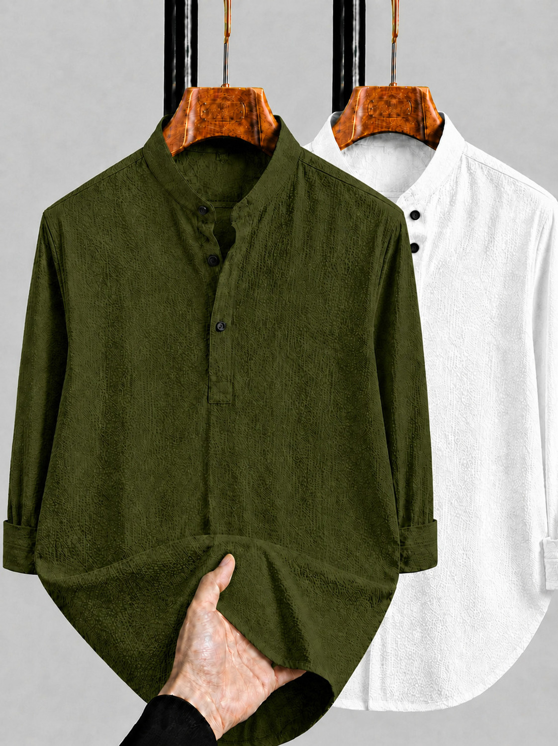 Image of COMBRAIDED Men Self Design Casual White, Green Shirt
