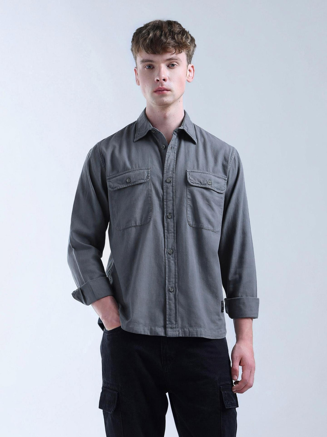 Image of FLYING MACHINE Men Solid Casual Green Shirt