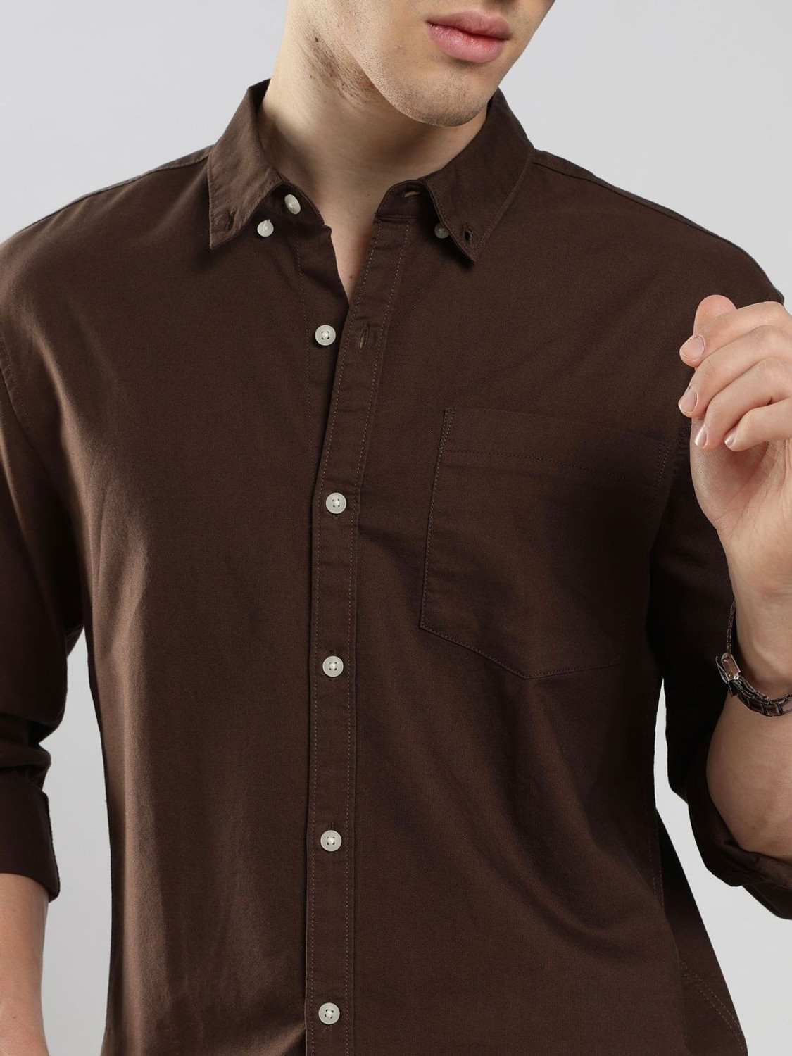 Image of HERE&NOW Men Solid Casual Brown Shirt