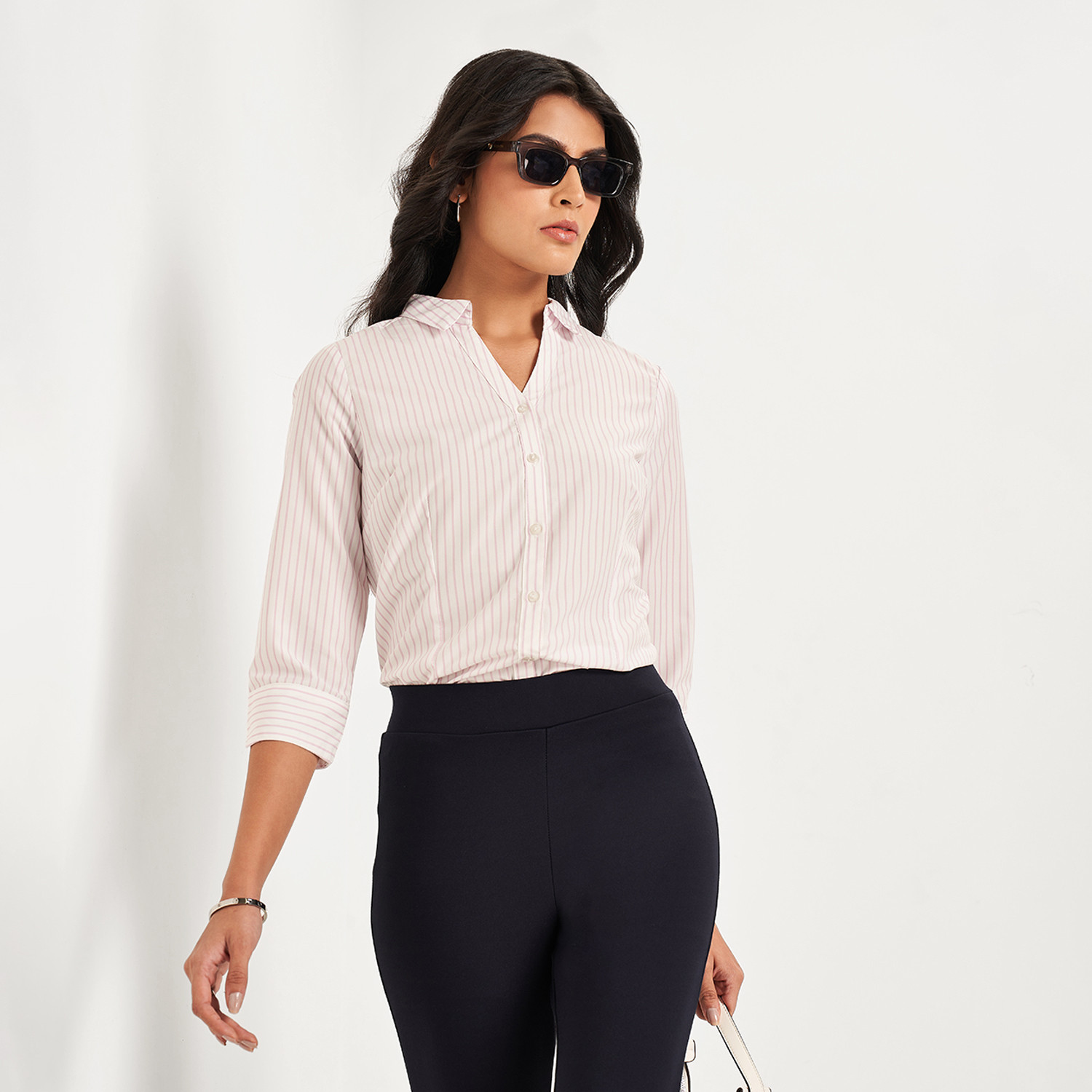 Image of Annabelle by Pantaloons Women Striped Casual Beige Shirt