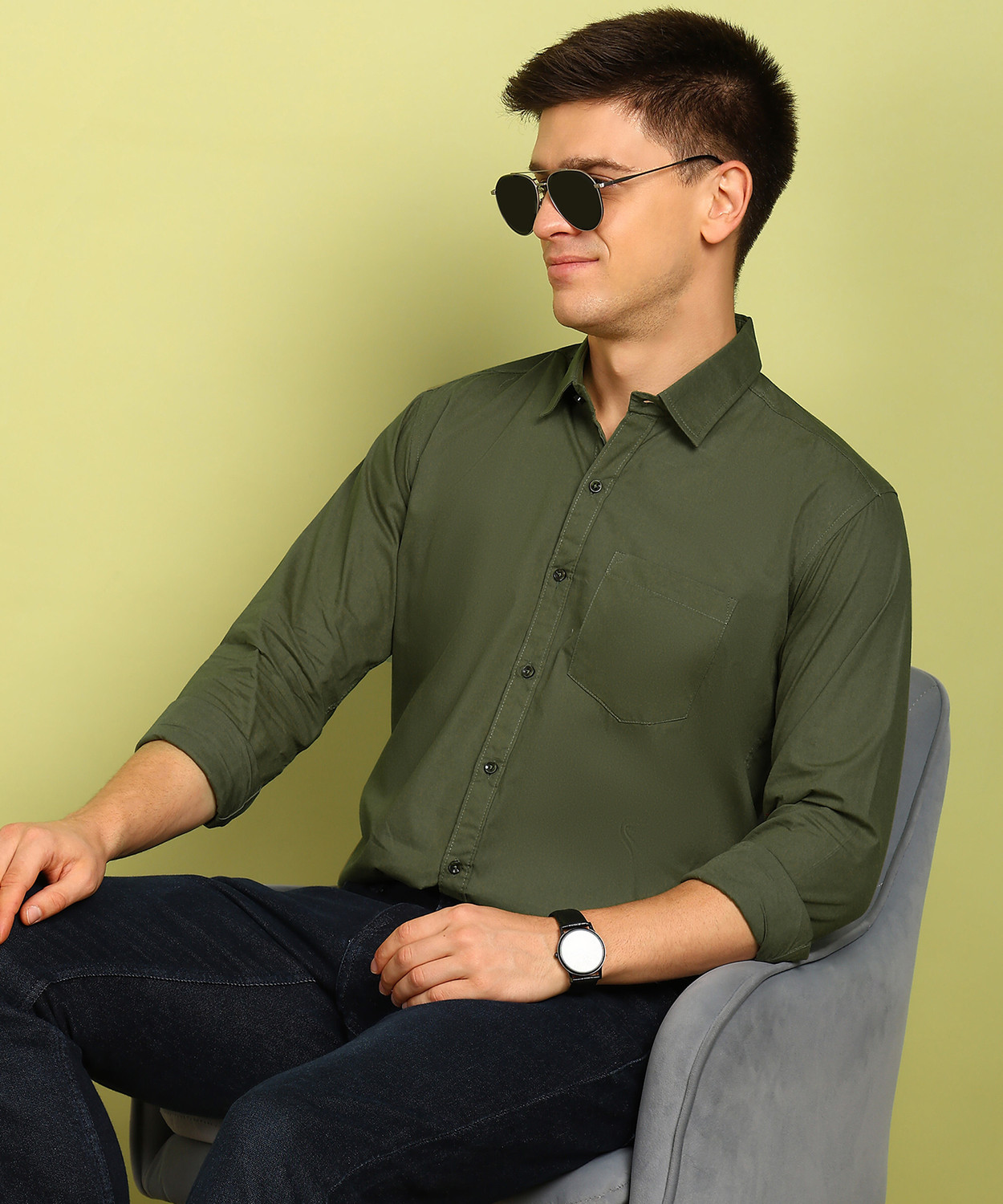 Image of FUBAR Men Solid Formal Dark Green Shirt