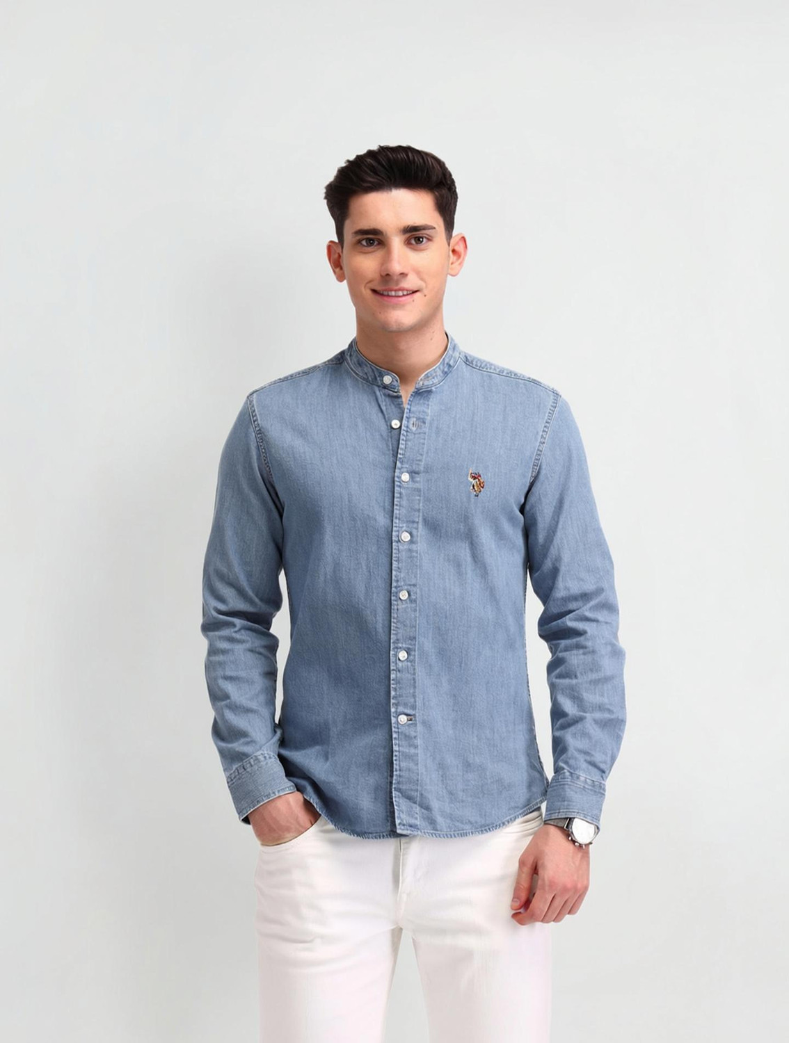 Image of U.S. POLO ASSN. Men Solid Casual Blue Shirt