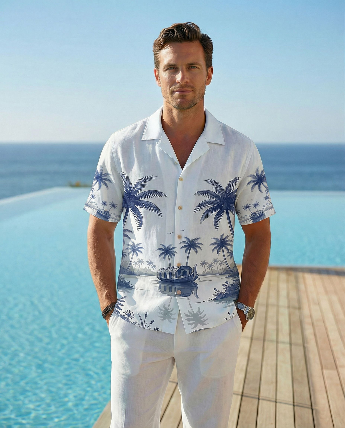 Image of STENFIA Men Printed Beach Wear White, Blue Shirt