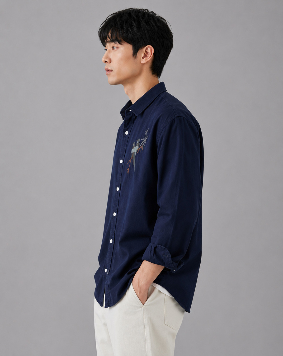 Image of Ample Grace Men Embroidered Casual Dark Blue Shirt