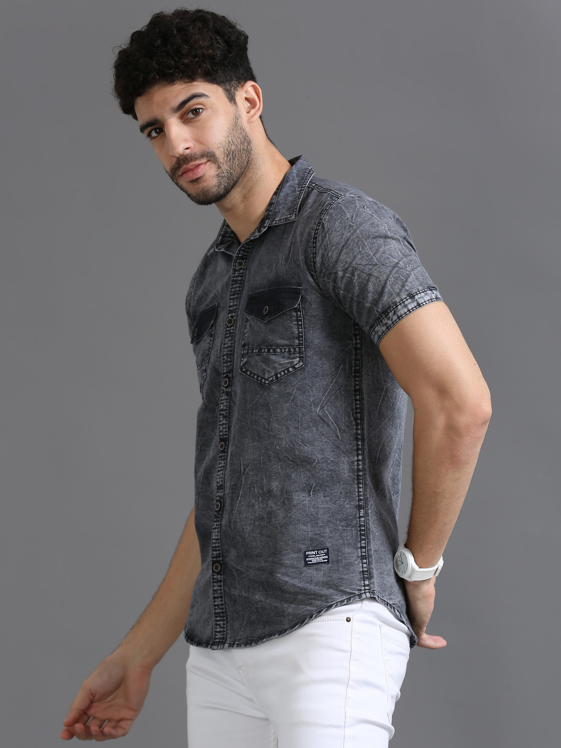 Image of PRINTOUT Men Solid Casual Grey Shirt