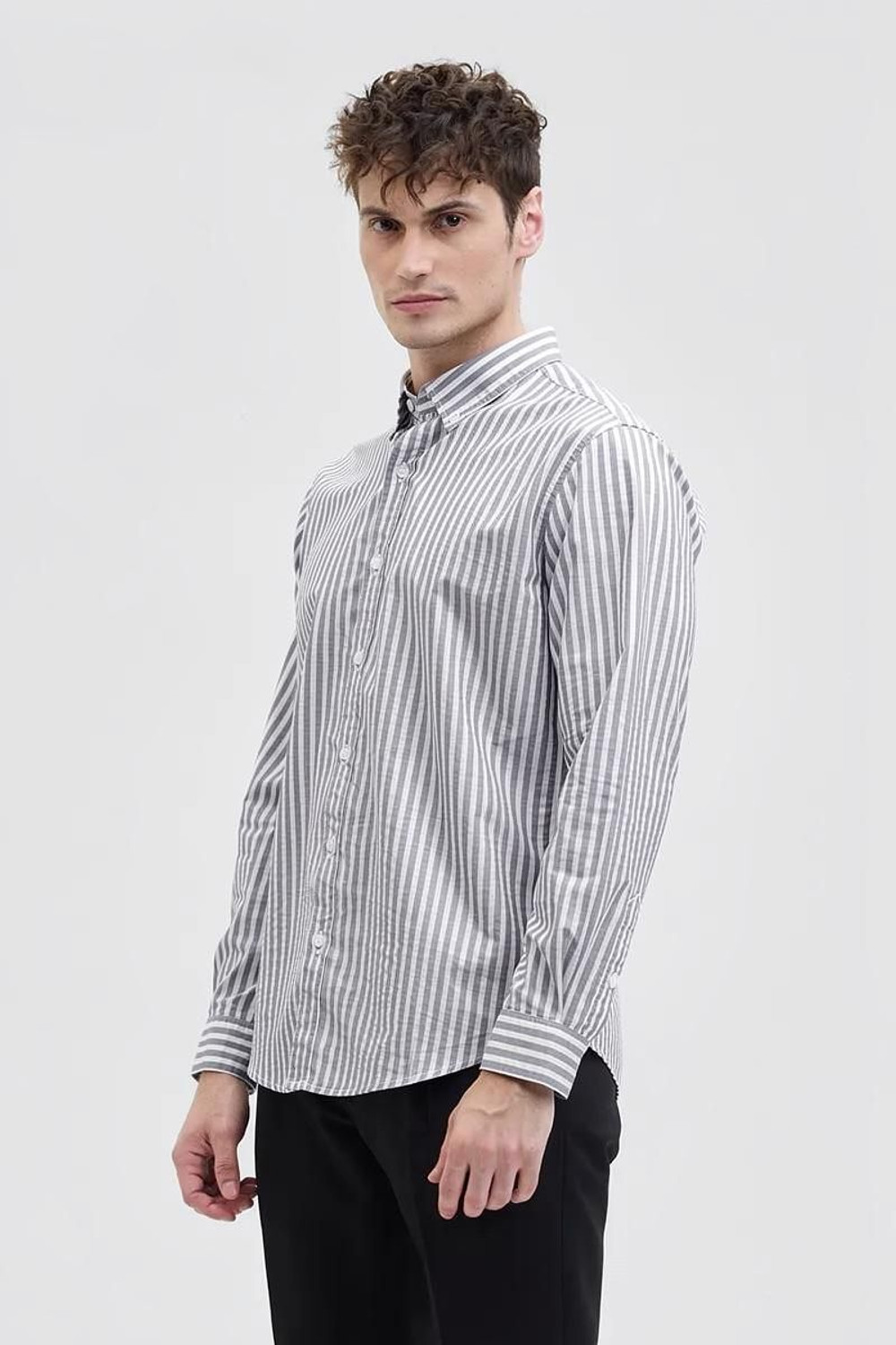 Image of RODEIZ Men Striped Casual Grey, White Shirt