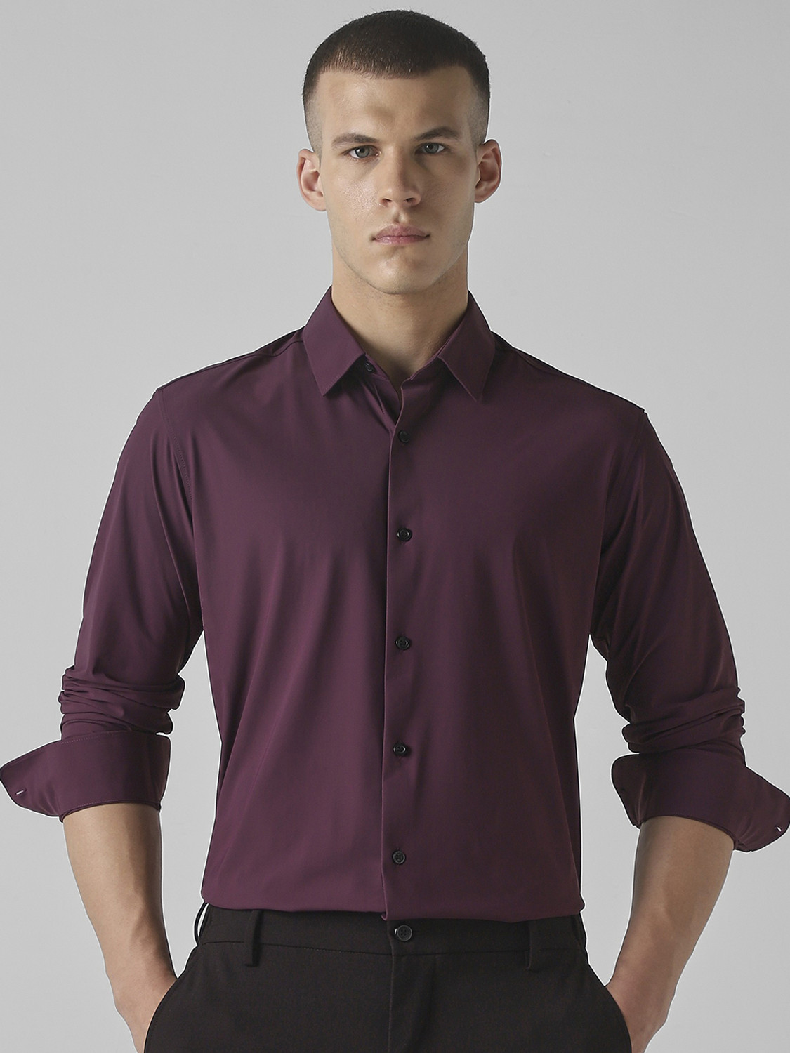Image of MUFTI Men Solid Formal Maroon Shirt