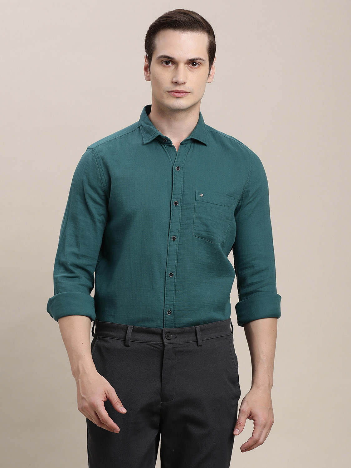 Image of TURTLE Men Solid Casual Green Shirt