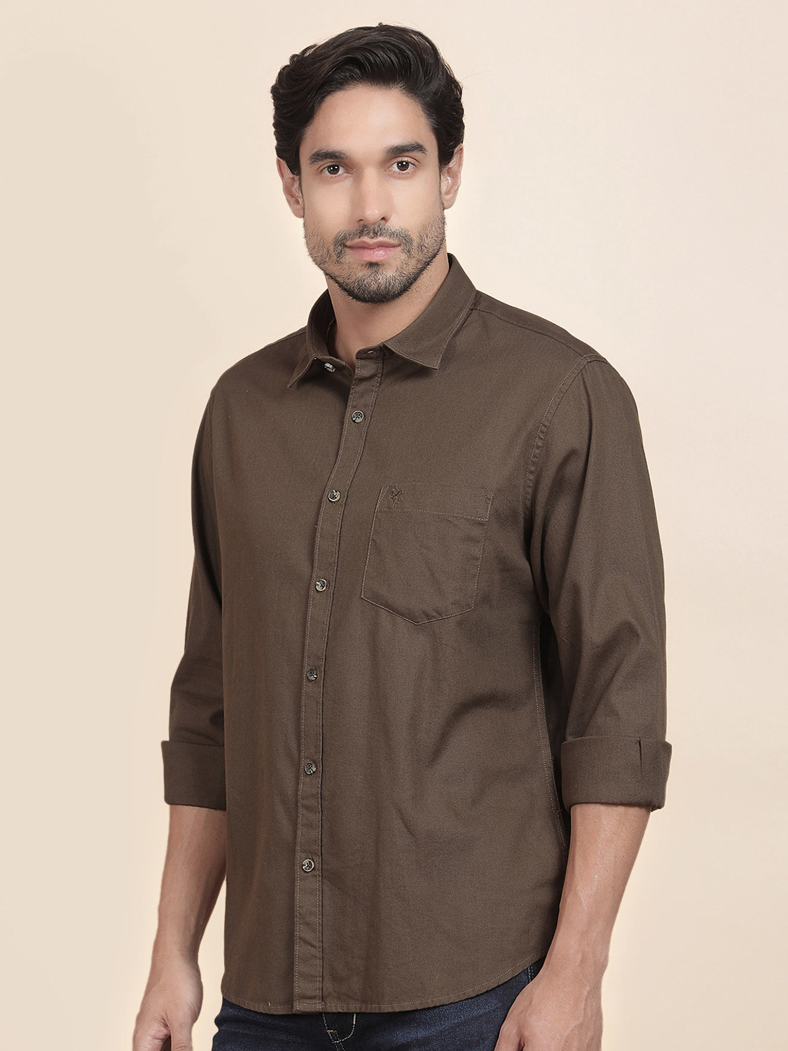 Image of CANTABIL Men Solid Casual Brown Shirt