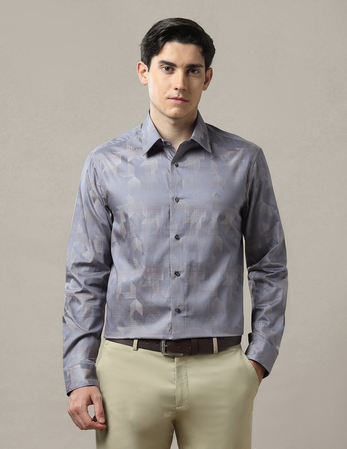 Image of ARROW Men Geometric Print Casual Grey Shirt