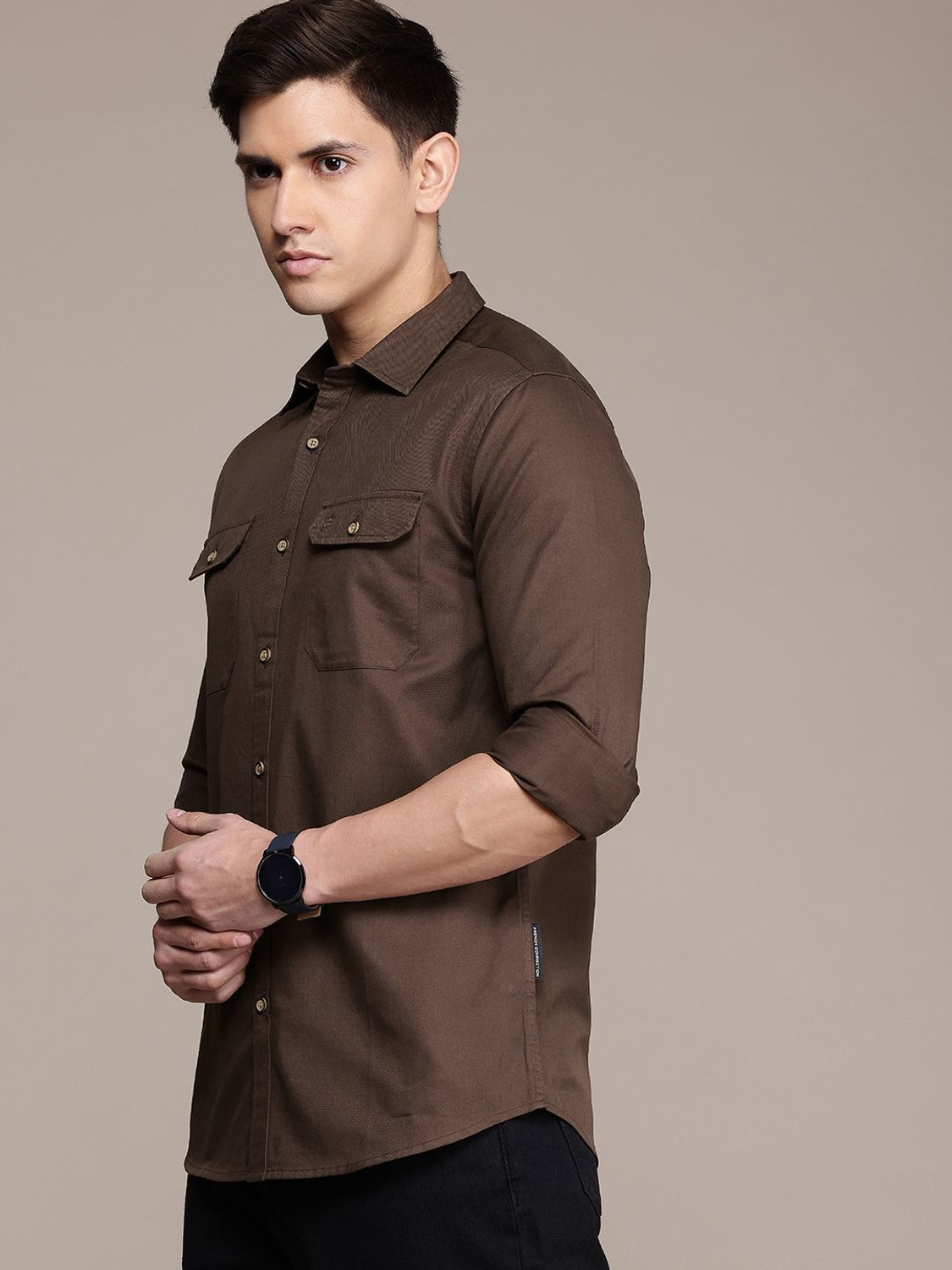 Image of French Connection Men Slim Fit Solid Cut Away Collar Casual Shirt