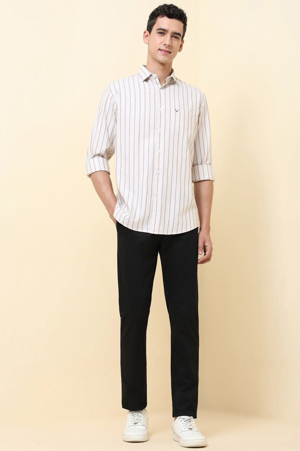 Image of Allen Solly Men Striped Casual Beige Shirt