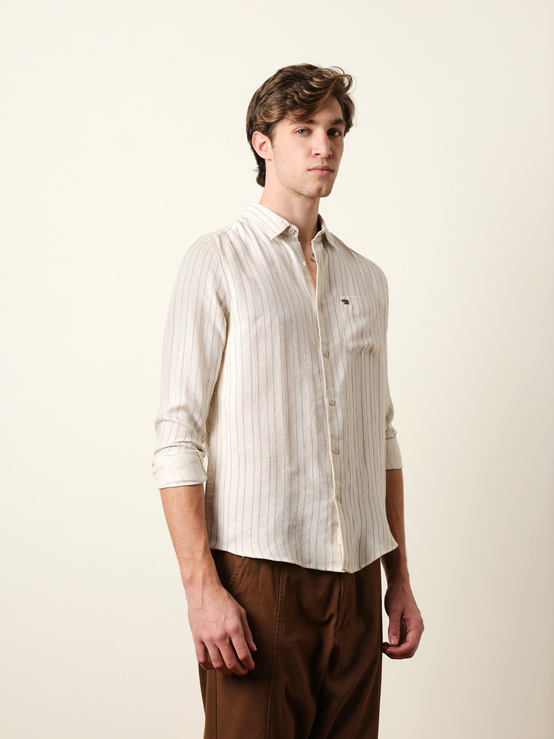 Image of THE BEAR HOUSE Men Striped Casual Cream Shirt