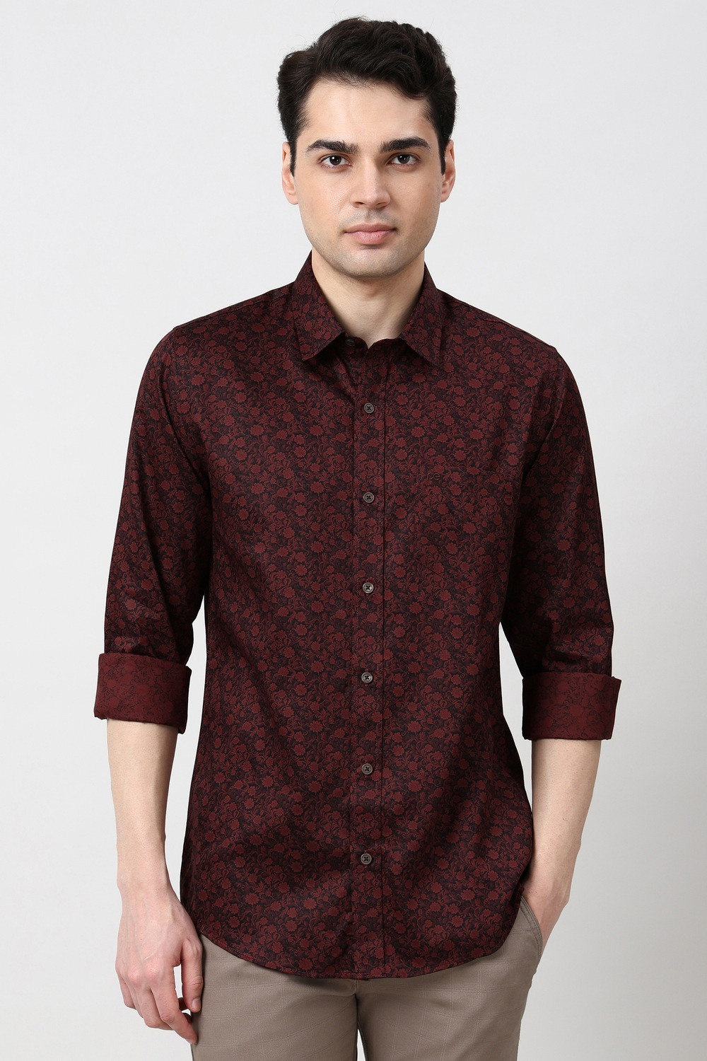 Image of PETER ENGLAND Men Printed Casual Maroon Shirt