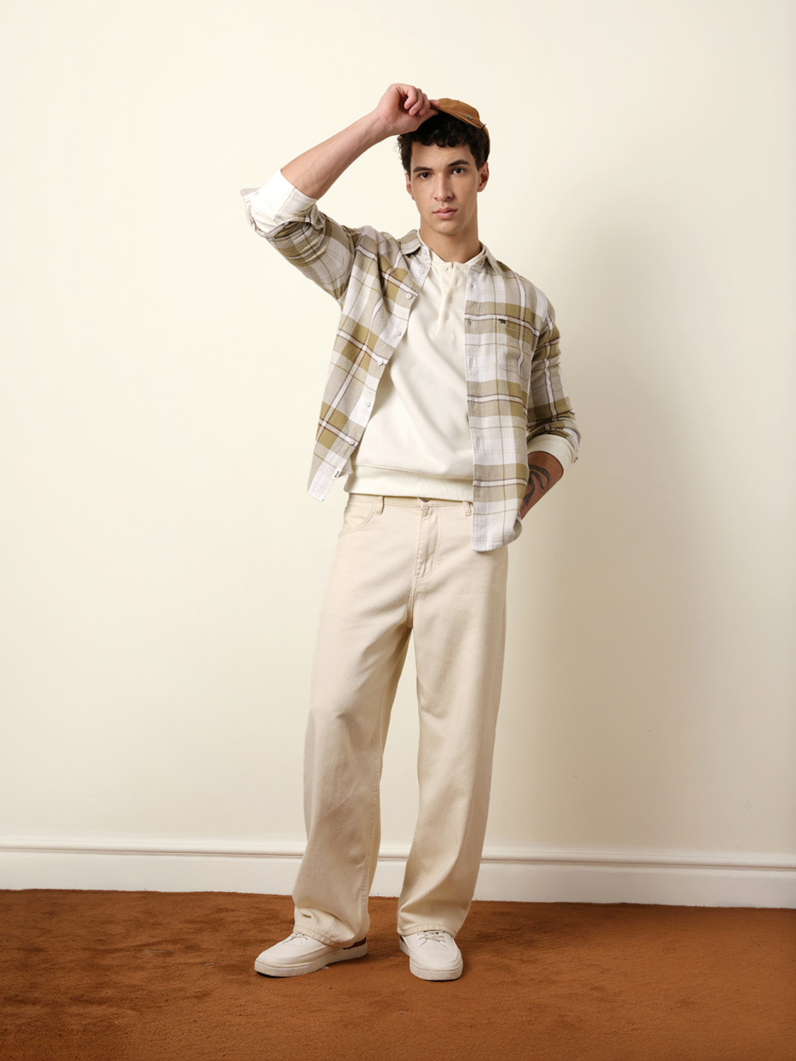 Image of THE BEAR HOUSE Men Checkered Casual Beige Shirt