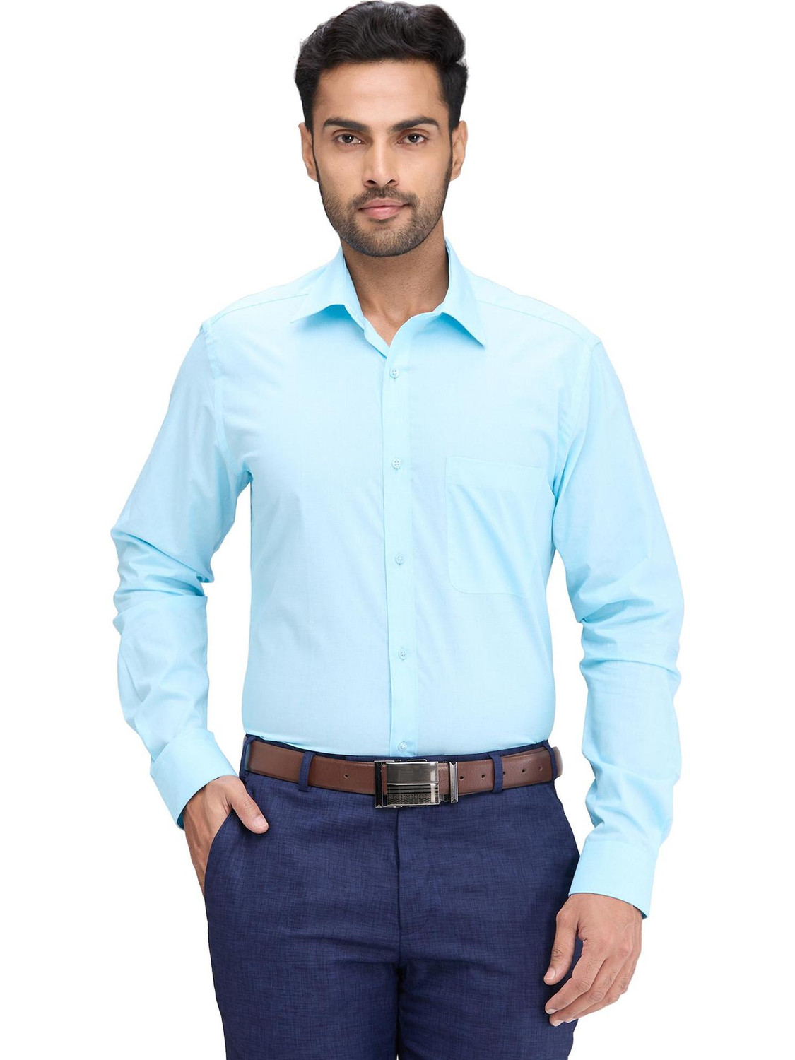 Image of Raymond Men Solid Formal Blue Shirt