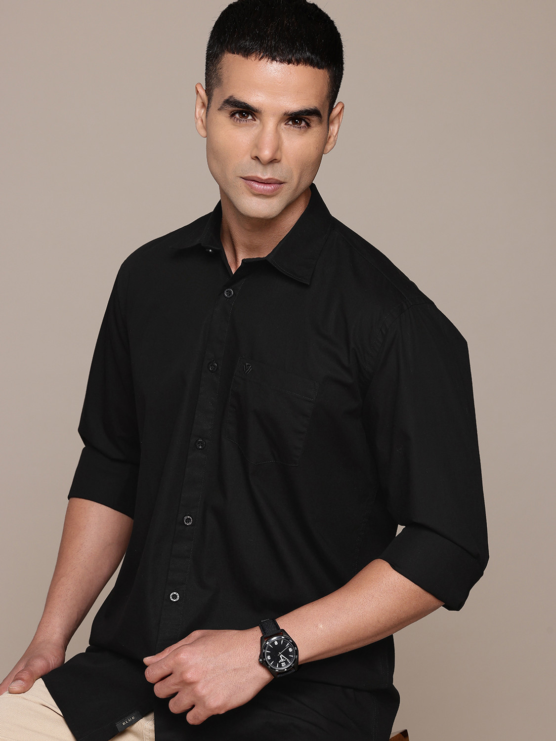 Image of BLUE SQUAD Men Solid Formal Black Shirt