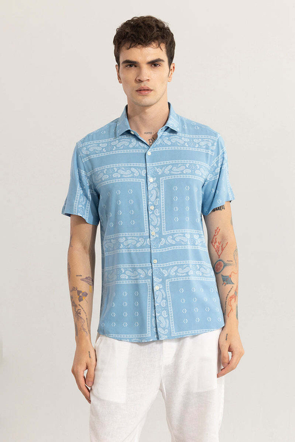 Image of Snitch Men Printed Casual Blue Shirt