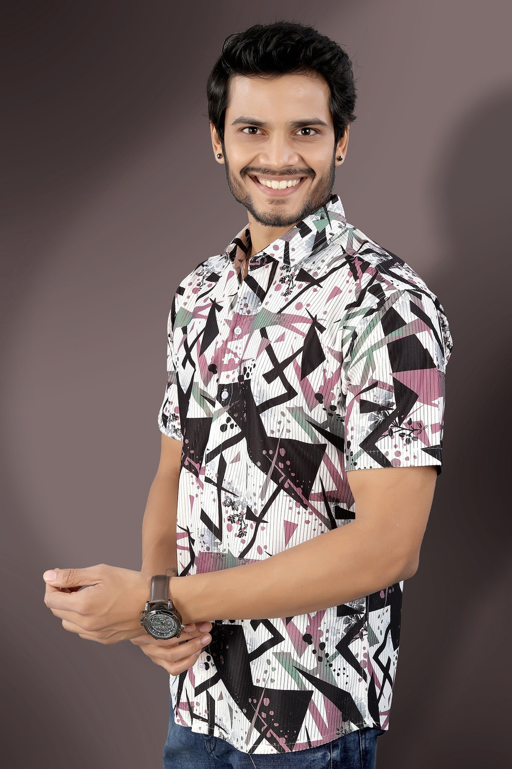Image of Marmic Fab Men Comfort Fit Printed Mandarin Collar Casual Shirt